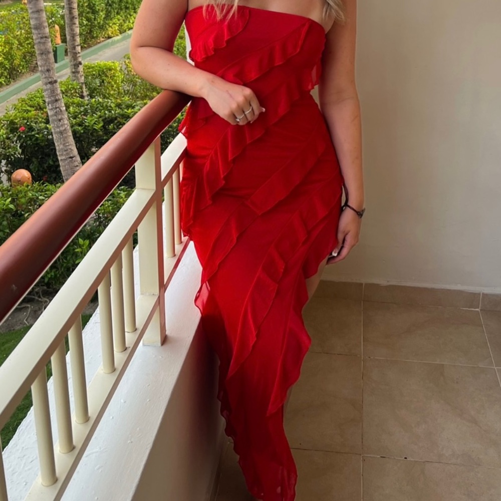 Red layered ruffle dress with slit